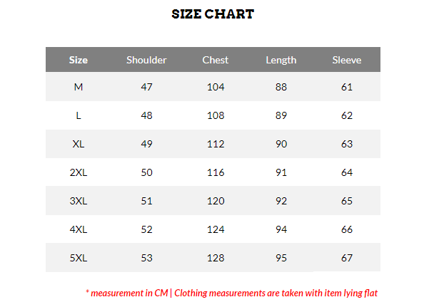 Fleece Jacket Size Chart
