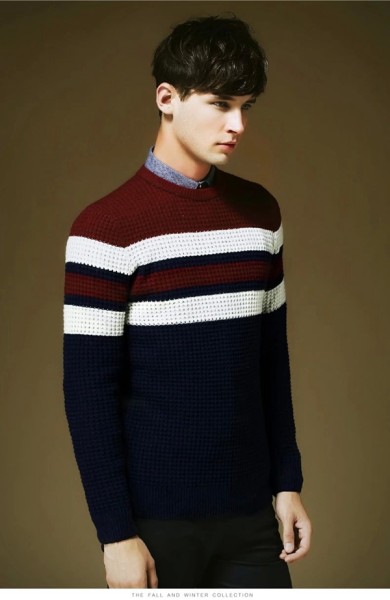 Men stylish White Stripe Woolen CrewNeck Pullover Sweater - Winter Clothes