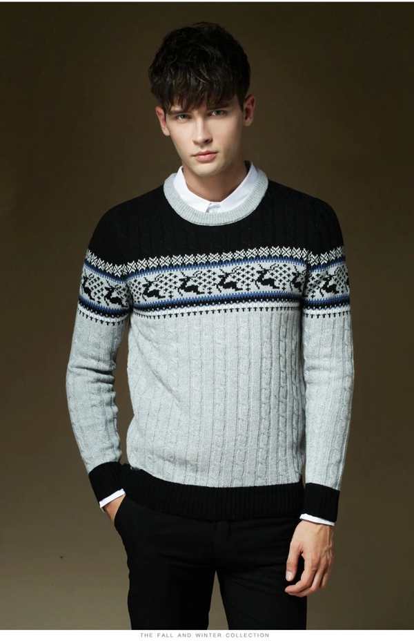 Men Vintage Woolen Crewneck Sweater Deer Pattern - Winter Clothes