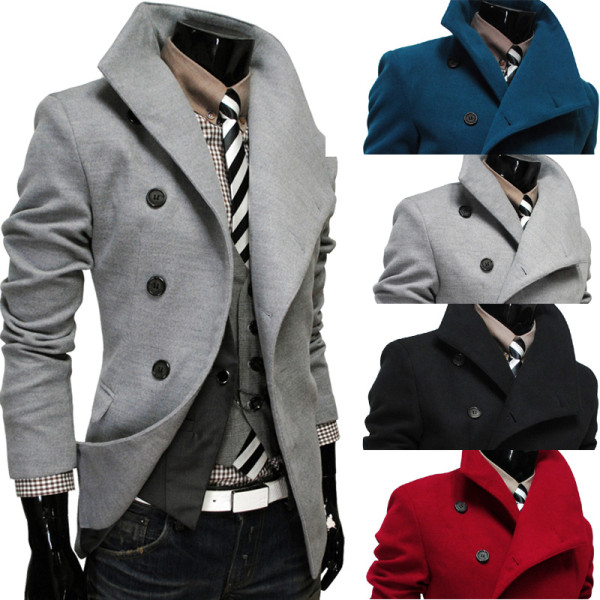 Men's Futuristic Side Button Slim Fit Middle Long Woolen Trench Coat ...