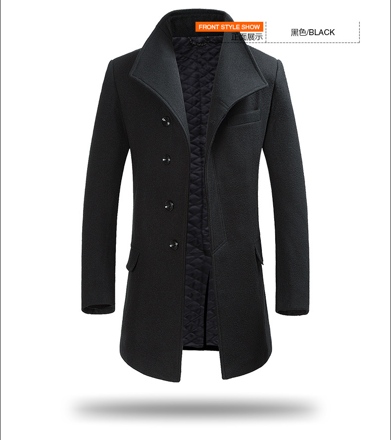 Men's Winter Long Trench Coat with Stand Collar - Winter Clothes