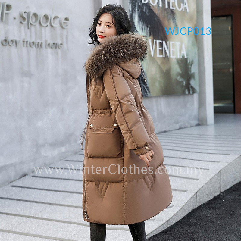 Women Cotton Down Jacket With Fur Trimmed Hood Mid Length Parka ...